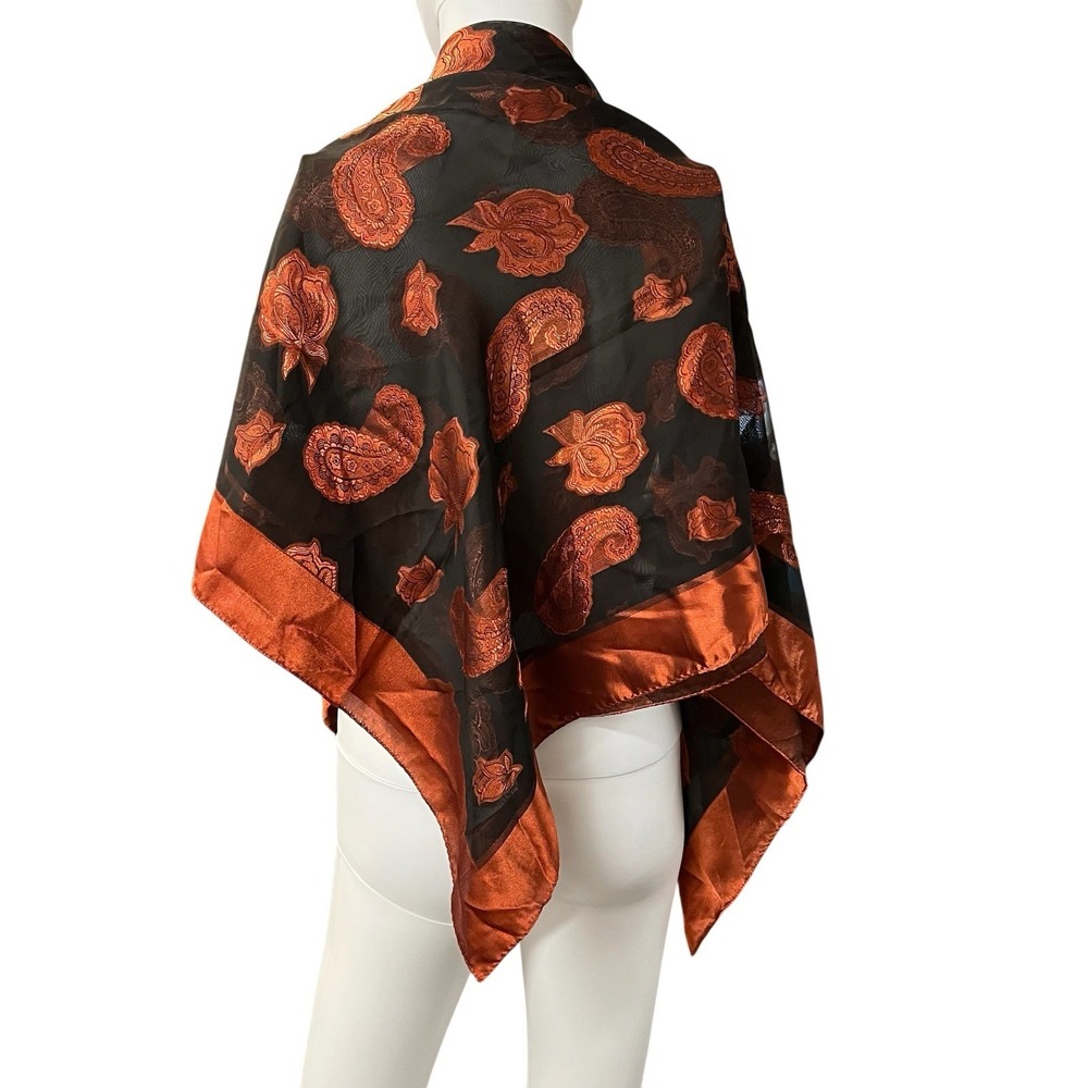 Vintage Scarf Wrap Shawl Black Sheer Copper Metallic Floral Paisley Event Gala